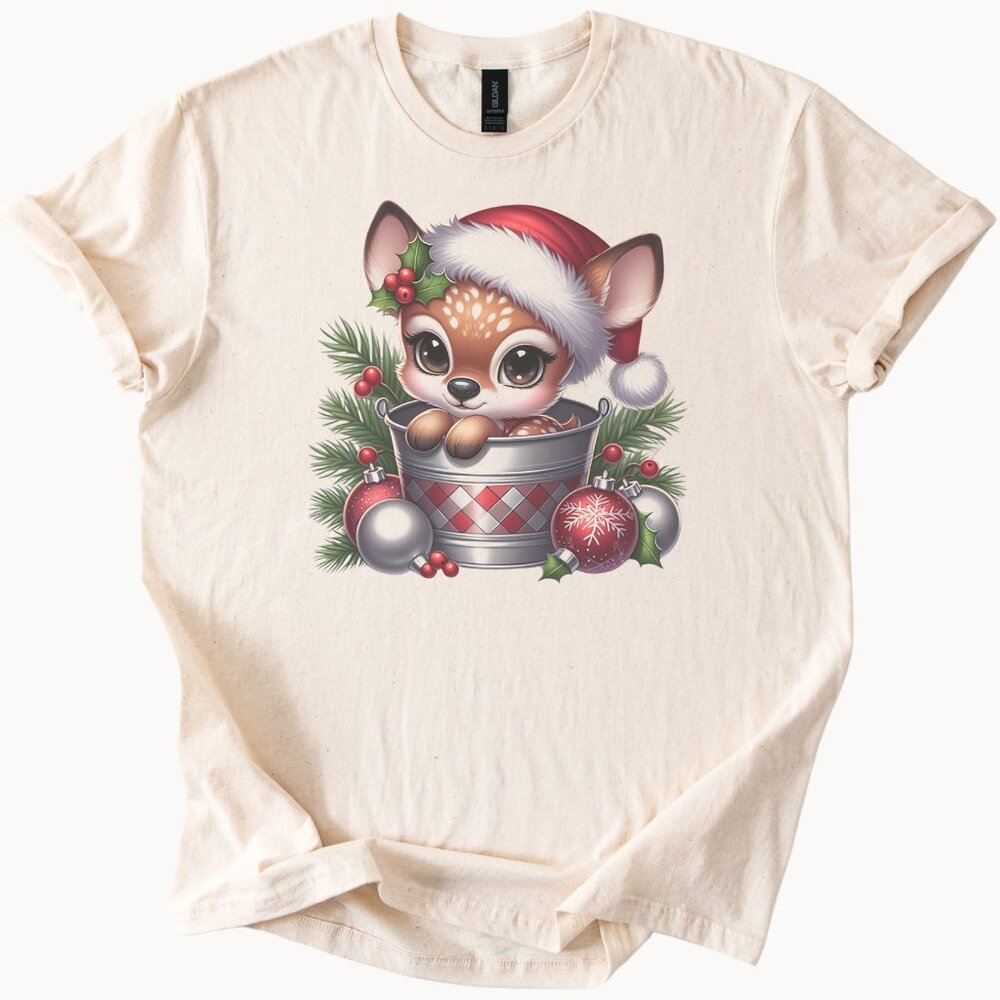 Holiday Cat Santa Hat Christmas Shirt Cat in Bucket Festive Ornament Tee